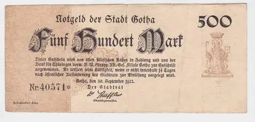 500 Mark Banknote Inflation Notgeld Stadt Gotha 30.9.1922 (126159)