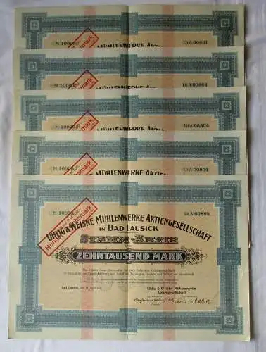 5x 10000 Mark Aktie Uhlig & Weiske Mühlenwerke AG Bad Lausick 17.4.1923 (106933)