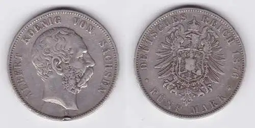 5 Mark Silbermünze Sachsen König Albert 1876 Jäger 122  (104120)