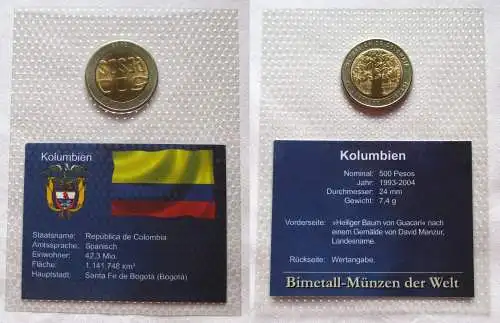 Bi-Metall Münze 500 Peso Kolumbien 2005 in TOP Erhaltung im Blister (120512)