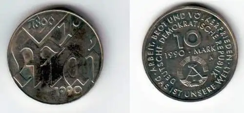 DDR Gedenk Münze 10 Mark 100.Jahre 1.Mai Feiertag 1990 (112147)