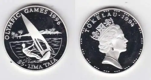 5 Tala Silber Münze Tokelau Olympiade 1996 Atlanta Windsurfer 1994 (141290)