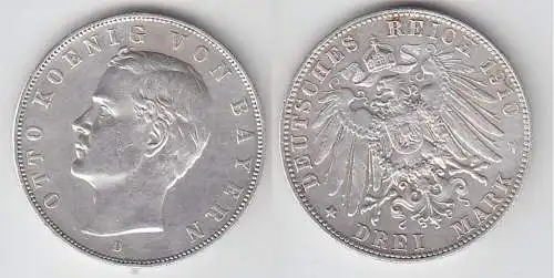 3 Mark Silbermünze Bayern König Otto 1910 Jäger 47 (108955)