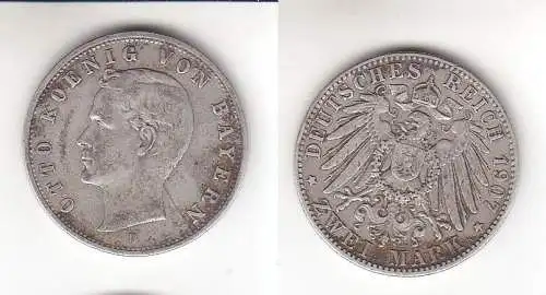 2 Mark Silber Münze Bayern König Otto 1907 D Jäger 102 (112650)