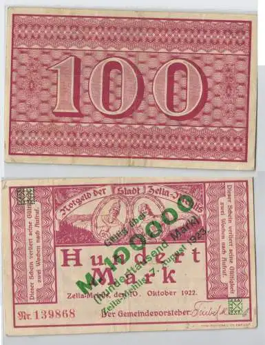 100000 Mark Banknote Stadt Zella Mehlis 7.8.1923 (129101)