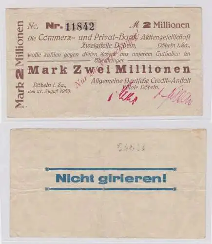 2 Millionen Mark Banknote Döbeln Commerz- & Privat Bank 21.8.1923 (138174)