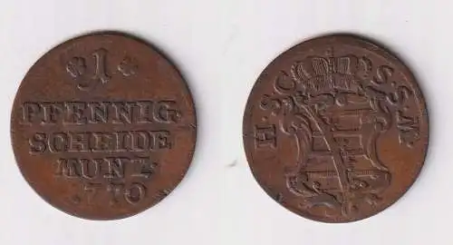 1 Pfennig Kupfer Münze Sachsen Coburg Saalfeld 1770 ss+ (143948)