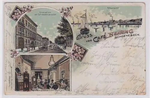 91786 Ak Lithographie Gruß vom Café Nehring Schönebeck 1904