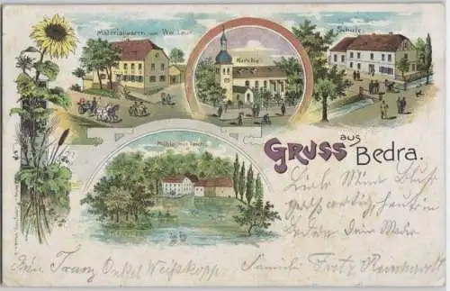 92515 Ak Lithographie Gruss aus Bedra Materialwarenladen, Schule, Kirche 1904