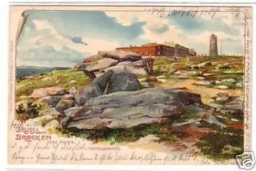 23169 Ak Lithographie Gruss vom Brocken Teufelskanzel