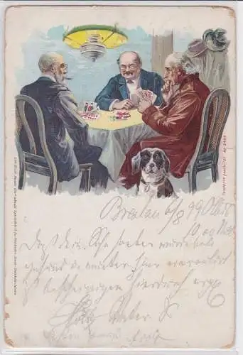 91327 Künstler AK Männerrunde beim Poker spielen, Hund als Beobachter 1899