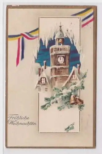 96157 geprägte Ak Fröhliche Weihnachten: Kirchturm und Glocken 1915