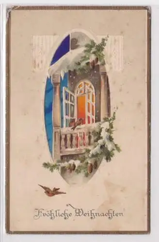 97525 geprägte Ak Fröhliche Weihnachten: Vögel vor offenem Fenster 1914