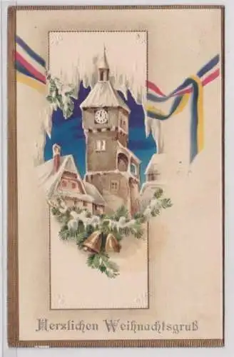 98928 geprägte Feldpost Ak Herzlichen Weihnachtsgruß: Kirchturm und Glocken