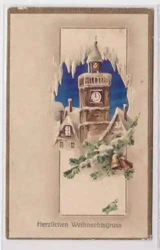 98923 geprägte Ak Herzlichen Weihnachtsgruss: Kirchturm und Glocken um 1915