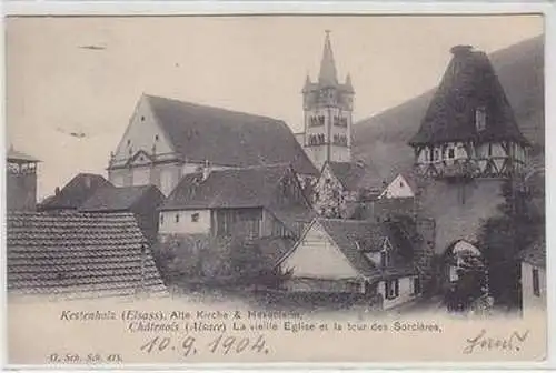 50789 Ak Kestenholz (Elsass) alte Kirche und Hexenturm 1904