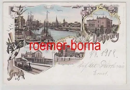 79904 Ak Lithographie Duisburg Hafen, Bahnhof, Töchterschule, Realgymnasium 1902