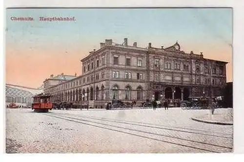 18790 Ak Chemnitz Hauptbahnhof mit Strassenbahn 1914