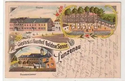 60772 Ak Lithographie Gruß aus dem Gasthof Goldne Sonne Lunzenau um 1900