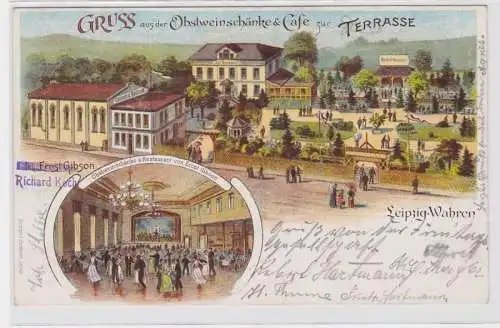 85609 Lithografie AK Gruss a.d. Obstweinschänke, Café z. Terrasse Leipzig-trueen