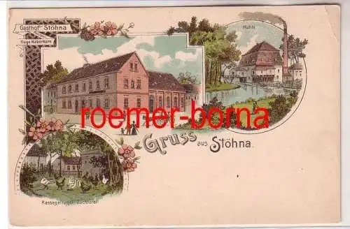 77675 Ak Lithografie Gruss aus Stöhna Gasthof Mühle Rassegeflügelzüchter um 1900