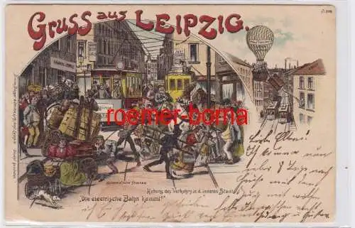 86640 Ak Lithographie Gruß aus Leipzig 'Die elektrische Bahn kommt!' 1896