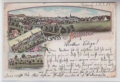 64263 Ak Lithographie Gruss aus Nöthnitz Totalansicht Schloß Teich 1901