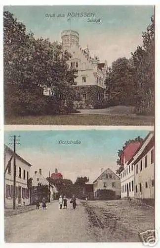 02741 Ak Gruß aus Pomssen Dorfstrasse, Schloß um 1915