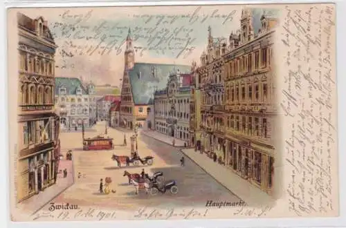 95036 Ak Zwickau Hauptmarkt mit Rathaus und Stadttheater 1901