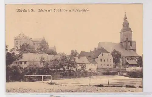 94250 AK Döbeln in Sachsen - Schule mit Stadtkirche und Mulden-Wehr 1927