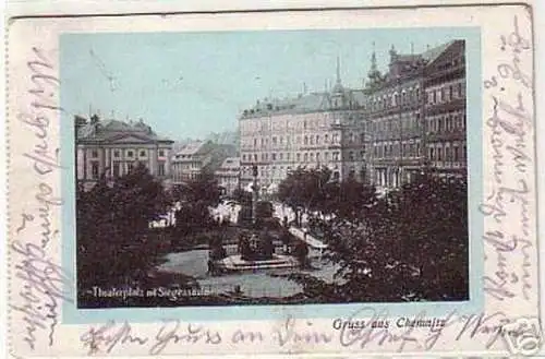 00195 Ak Gruß aus Chemnitz Theaterplatz mit Siegessäule