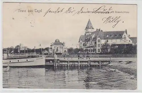 71363 Ak Gruß aus Tegel Dampferanlegestelle mit Strandschloß und D. Franziska