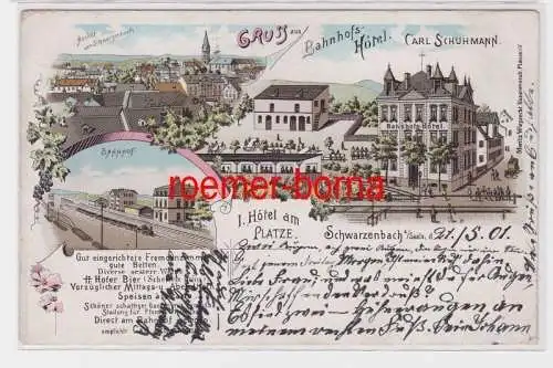 82793 Ak Lithographie Gruß aus Schwarzenbach Bahnhofshotel, Bahnhof 1901