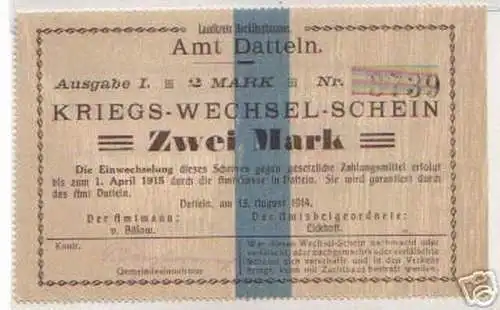 2 Mark Banknote Notgeld Stadt Datteln 1914