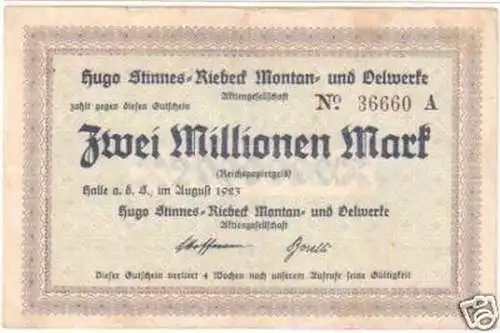 Banknote Inflation 2 Millionen Mark Halle August.1923