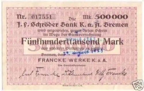 Banknote Inflation 500000Mark Bremen Francke Werke 1923