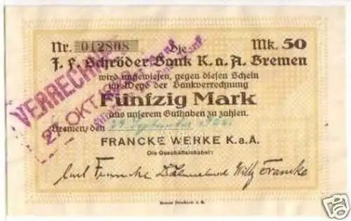 Banknote Inflation 50 Mark Bremen Francke Werke 1922