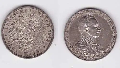 3 Mark Silbermünze Preussen Kaiser Wilhelm II in Uniform 1913 Jäger 112 (139671)