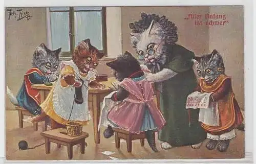 64998 Arthur Thiele Künstler Ak Katze "Aller Anfang ist schwer" um 1910