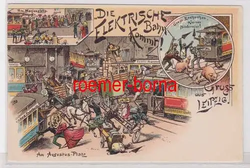 87286 Ak Lithographie Gruss aus Leipzig "Die elektrische Bahn kommt!" um 1900