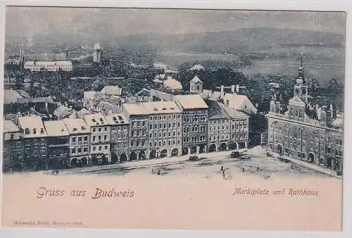 908350 Ak Gruss aus Budweis - Marktplatz und Rathaus um 1900