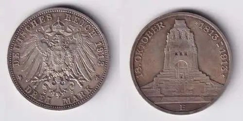 3 Mark Silber Münze Sachsen Völkerschlachtdenkmal Leipzig 1913 f.vz (165517)