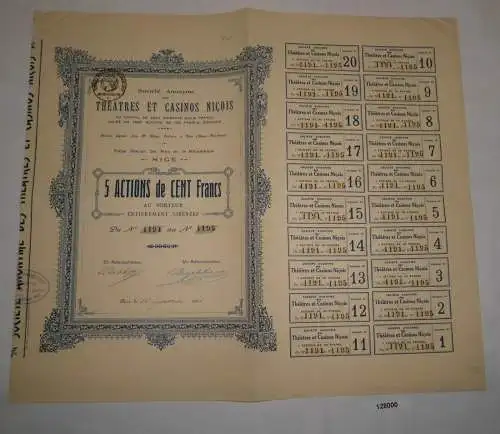 5 Aktien à 100 Franc Théatres et Casinos Niçois Nice 15. Januar 1925 (128000)