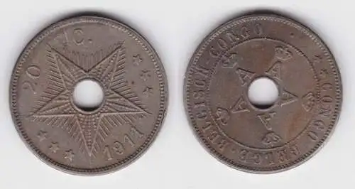 20 Centimes Kupfer/Nickel Münze Belgisch Kongo Congo 1911 f.vz (143047)