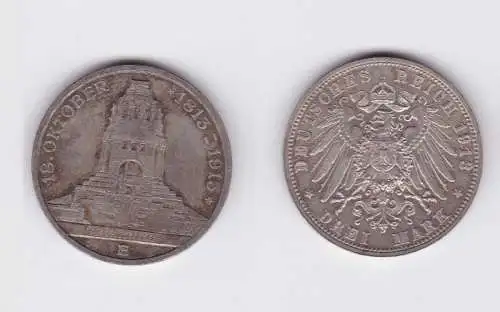 3 Mark Silbermünze Sachsen Völkerschlachtdenkmal Leipzig 1913 Jäger 140 (117152)