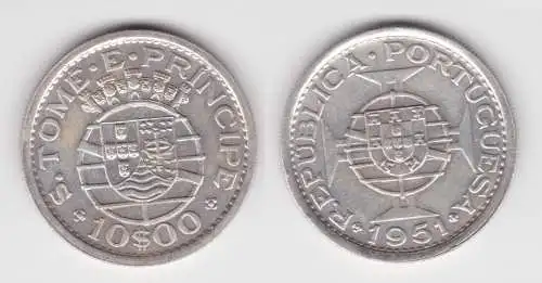 10 Escudos Silber Münze 1951 Sao Tome und Principe vz KM 14 (143018)