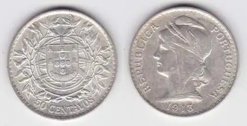 50 Centavos Silber Münze Portugal 1913 vz KM 561 (142841)