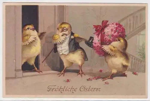 28615 Präge AK Fröhliche Ostern Küken im Frack überreicht Präsentosterei um 1910