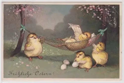 18594 Präge AK Fröhliche Ostern 4 Küken im Garten mit Hängematte 1912