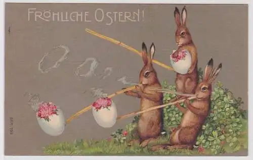 09408 Präge AK Fröhliche Ostern 3 Hasen rauchen Ostereierpfeifen 1909